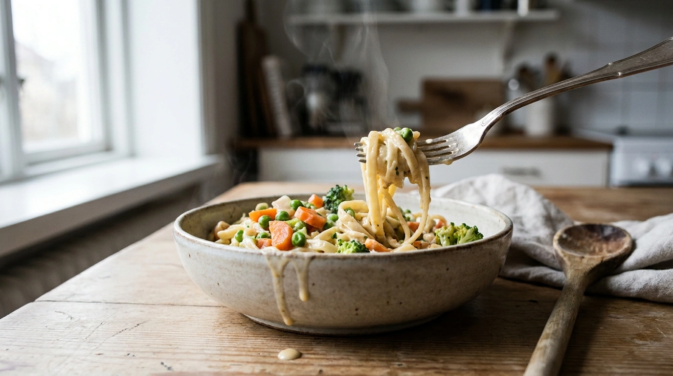 Billig pasta med flødesauce og grøntsager